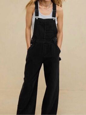 aerie Black Wide-Leg Denim Overalls